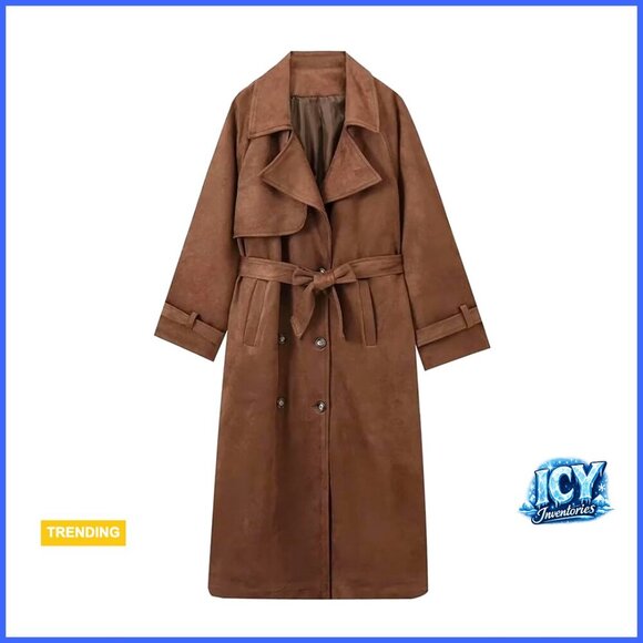 Jackets & Blazers - Faux Suede Trench Coat Double Breasted Belted Slim Fit Ankle Length